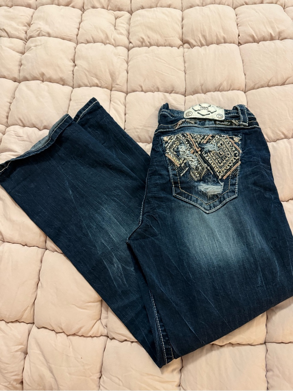 Miss Me Dark Blue Boot Cut Jeans with Embroidered Back Pocket